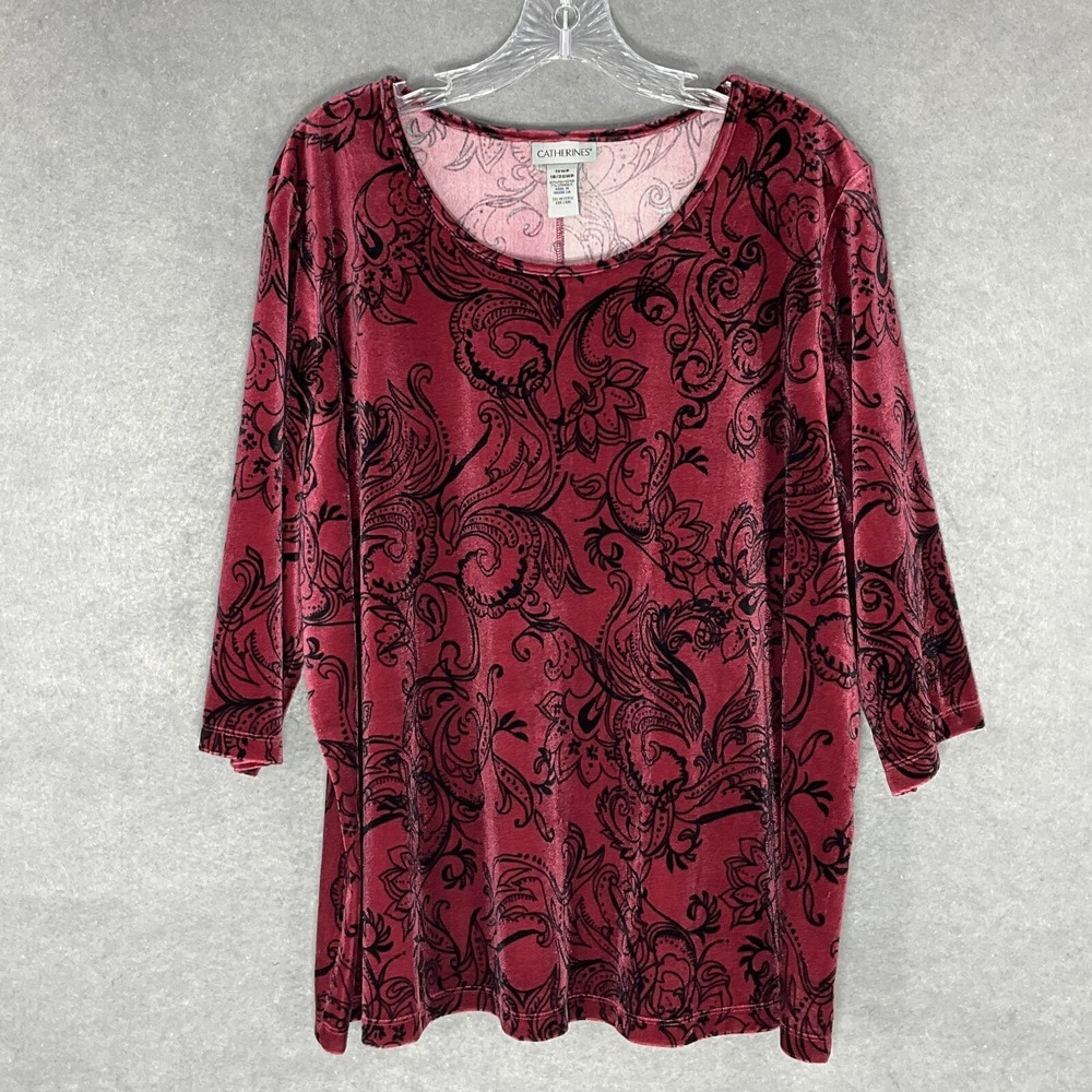 Catherines Top Womens Sz 18/20 Pink Black Velvet Floral 3/4 Sleeve Whimsigoth